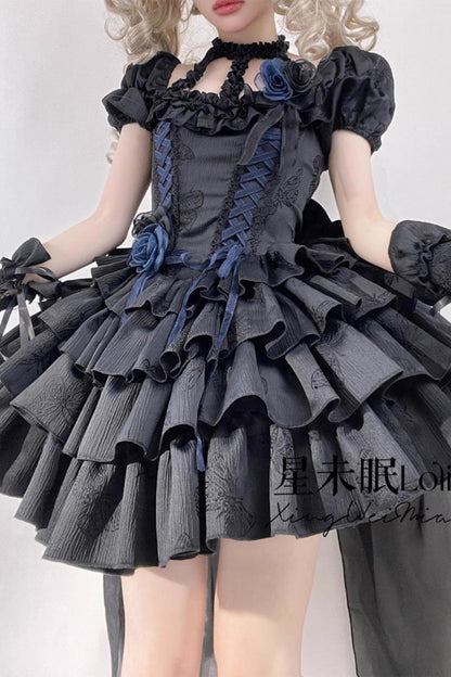 Halterneck Gothic Dress with Multi-Layered Ruffled Bow and Fishbone Lace-Up
