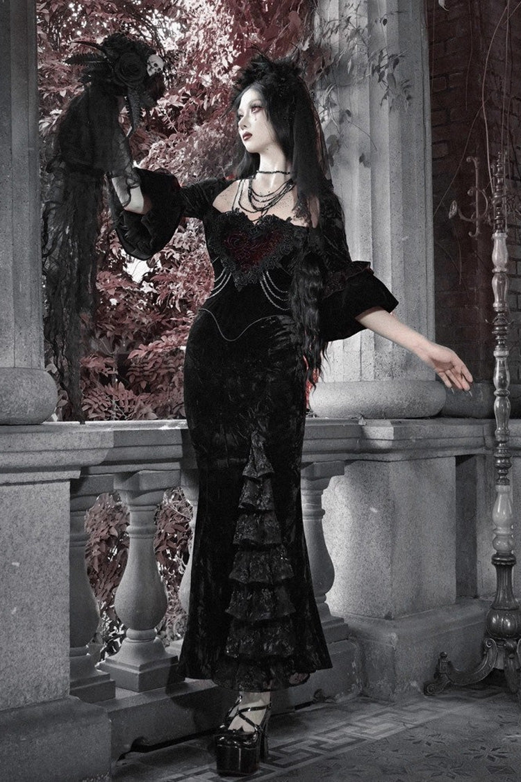 Square Collar Gothic Mermaid Dress with Multi-Layered Ruffled Embroidery - Castle of Dark Romance