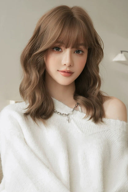 Warm Brown Curly Wool Sweet Lolita Wig with Full Air Bangs