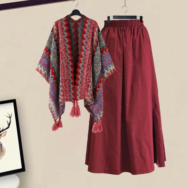 Roter Boho-Schal-Wickelrock mit Fransen und hoher Taille