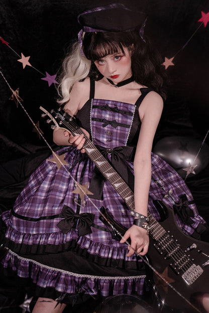 Pink/Black High-Waist Sweet Lolita JSK with Plaid Ruffles and Bow