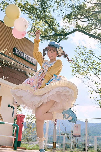 Cat Holiday Print Ruffle Bow Two-Piece Illusion Sweet Lolita Gown in Yellow Pink