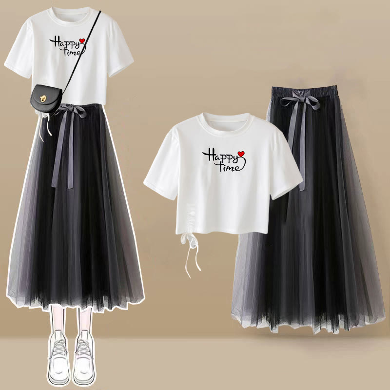 Drawstring Print Loose T-Shirt Tulle Skirt