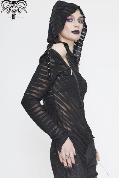 Women's Punk Shirt with Hooded Twisted Knit Slanted Zip Asymmetric Hem
