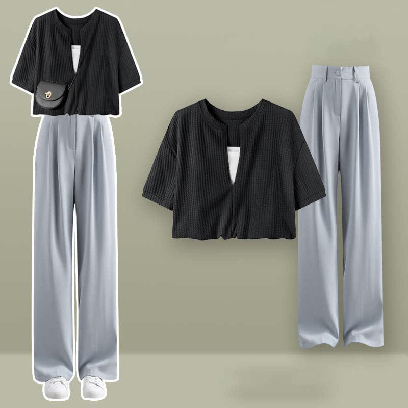 Fake Two Pieces Crop Top T-Shirt Casual Pants Set SP19694