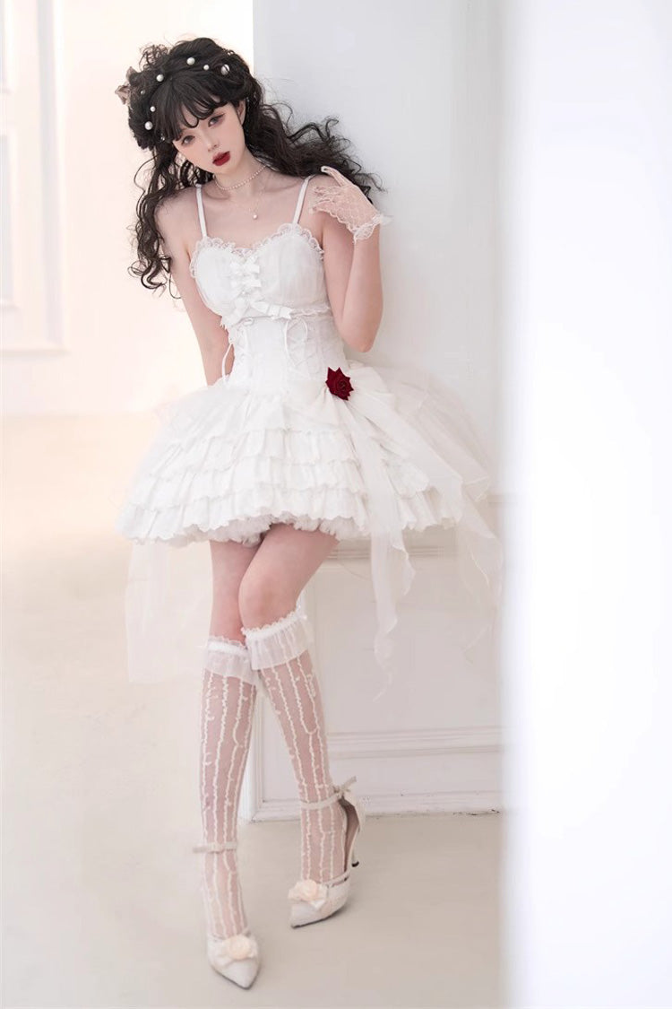 White High Waisted Multi-layer Rose Bowknot Lace-Up Gothic Lolita Jsk Dress