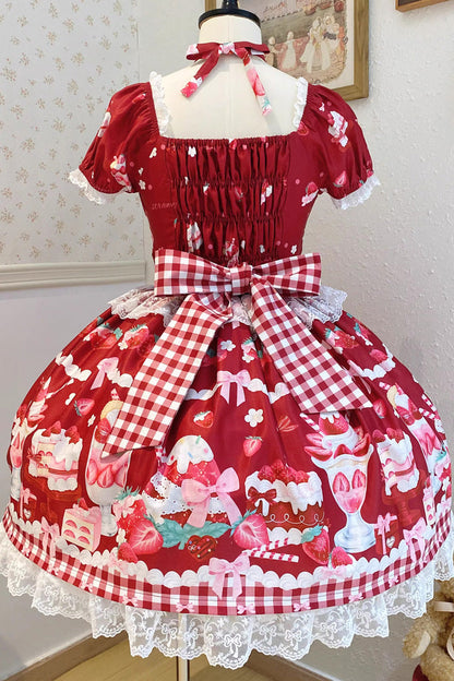 Red Strawberry Parfait Print Short Sleeve Ruffle Bow Lace Lace-Up Sweet Lolita Dress