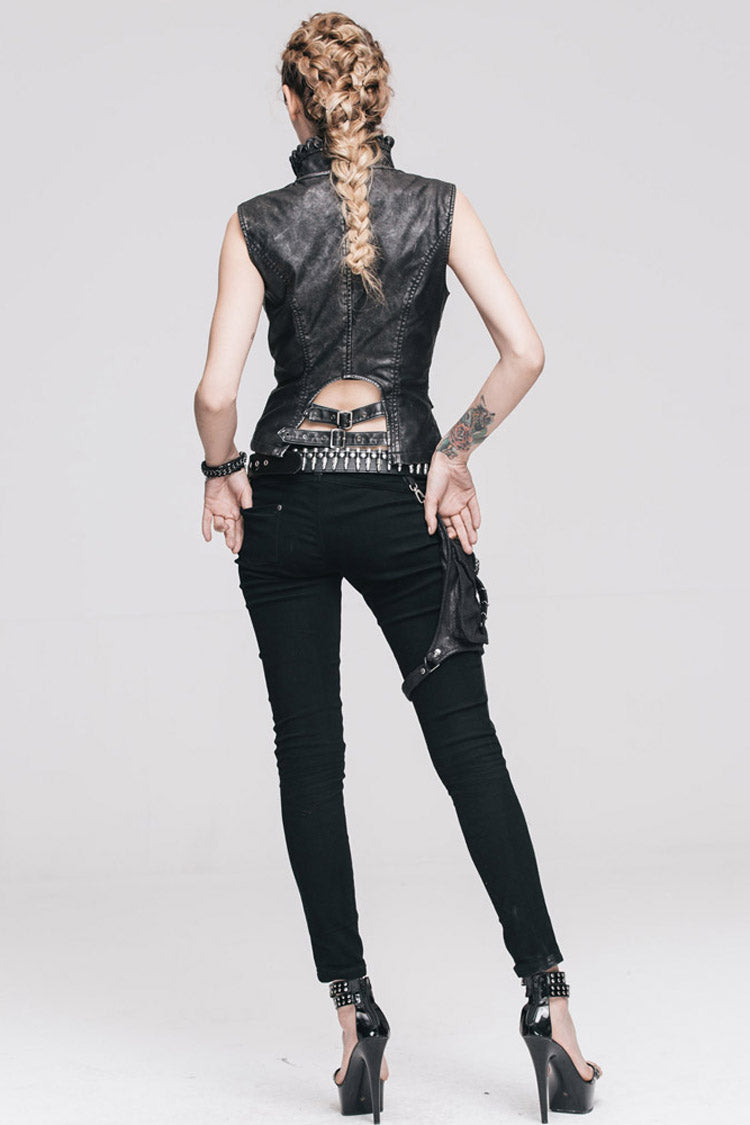 Wave Collar Punk Vest, Hand-Rubbed Leather, Silver Accents - Noir