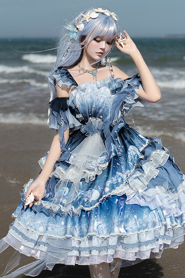 Gradient Printed Ruffled Embroidered Bow Lace Asymmetric Sweet Elegant Lolita JSK