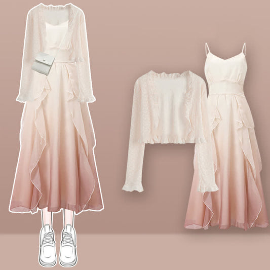 Set Lace Dress Cardigan Gradient Slip Chiffon Flouncing