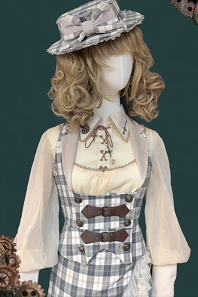 Blue Plaid Traveler Sleeveless Asymmetrical Ruffle Punk Lolita Skirt Set