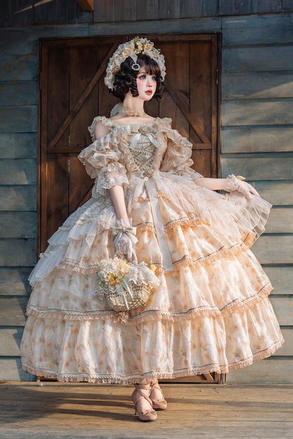 Rose Letter Off Shoulder Triple Layer Print Ruffle Hanayome Princess Lolita in Yellow