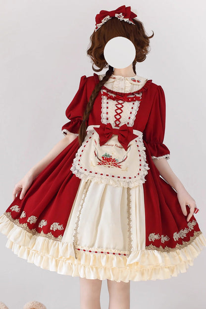 Crimson Tochigi Girl Two-Tier Ruffle Embroidered Cardigan Sweet Lolita Set