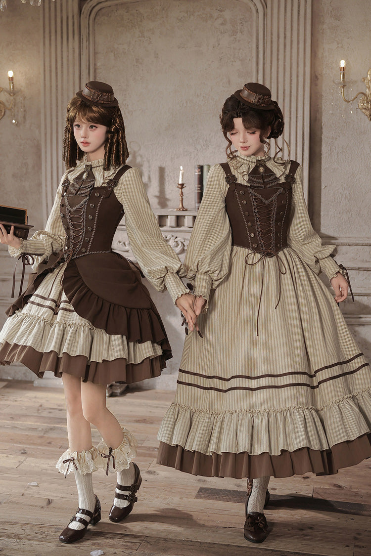 At Sunset Round-Collar Lantern-Sleeved Double-Layered Printed Ruffled Classic Lolita Dress in Beige and Brown, 2 Versions