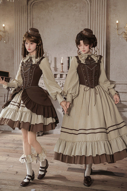At Sunset Round-Collar Lantern-Sleeved Double-Layered Printed Ruffled Classic Lolita Dress in Beige and Brown, 2 Versions
