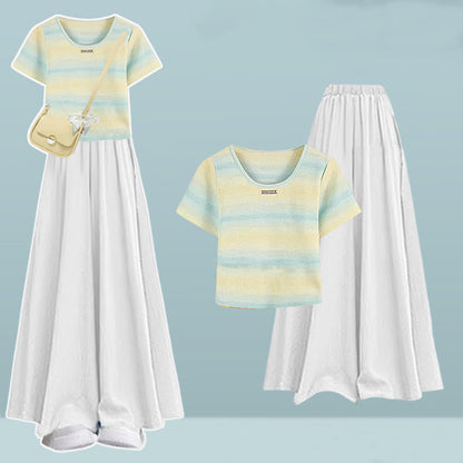 Stripe Leg Wide T-shirt Pantskirt Pieces Set Two