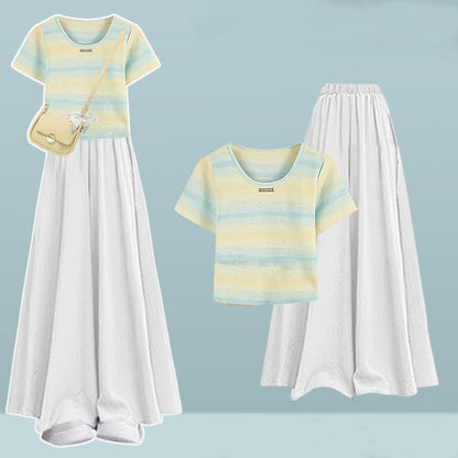 Stripe Leg Wide T-shirt Pantskirt Pieces Set Two