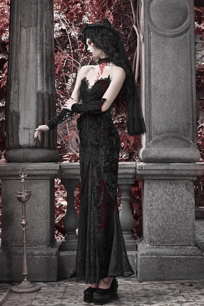 Scarlet Blood Peak Fishtail Lolita Dress with Embroidery - Noir