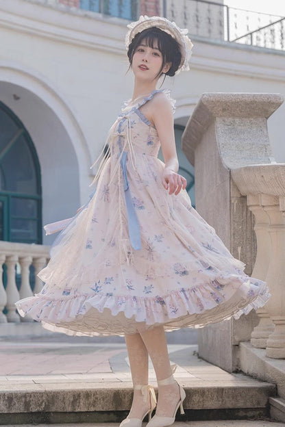 Elegant Floral Wall Print Sweet Lolita Gown with Ruffles