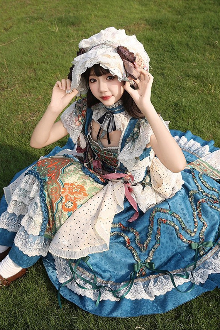 Sleeveless High Waist Printed Ruffled Cardigan Bow Lace-Up Vintage Princess Lolita JSK