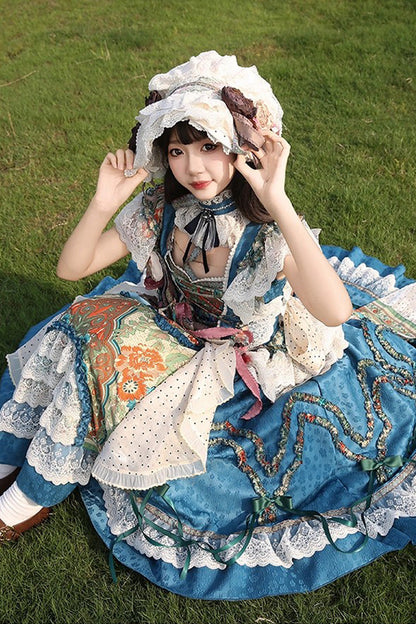 Sleeveless High Waist Printed Ruffled Cardigan Bow Lace-Up Vintage Princess Lolita JSK