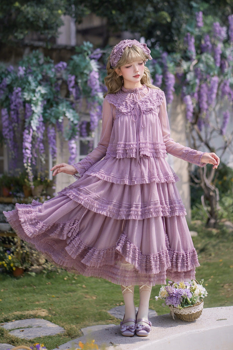 Sweet Stand Collar Long Sleeve Multi Layer Ruffle Color Block Lolita Tiered Dress 14 Colors