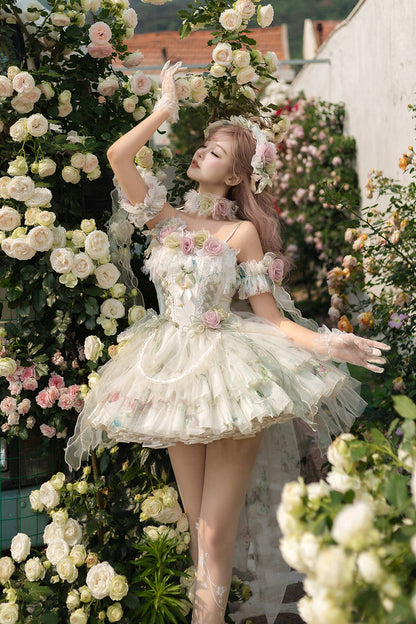 Emerald Layered Fishbone Lace-Up Lolita JSK - Spring Rose