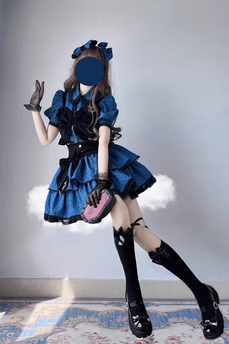 Blue Black Multi-Layer Polka Dot Print Bowknot Princess Sweet Lolita Skirt Set