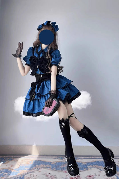 Blue Black Multi-Layer Polka Dot Print Bowknot Princess Sweet Lolita Skirt Set