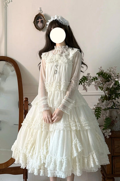 Sweet Stand Collar Long Sleeve Multi Layer Ruffle Color Block Lolita Tiered Dress 14 Colors