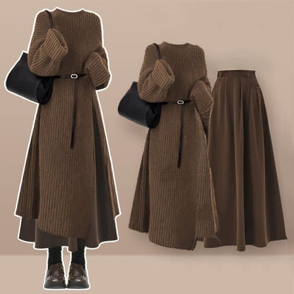 Belt Knit Plaid Skirt Two Dress Set Sweater Pieces