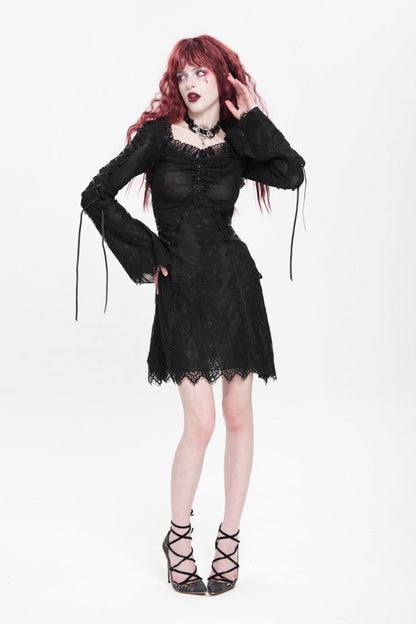 Square Collar Trumpet Sleeve Embroidered Lace-Up Gothic Dress