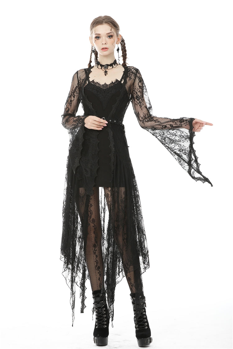 Maxi Cloak with Floral Lace and Belted Waist - Dark