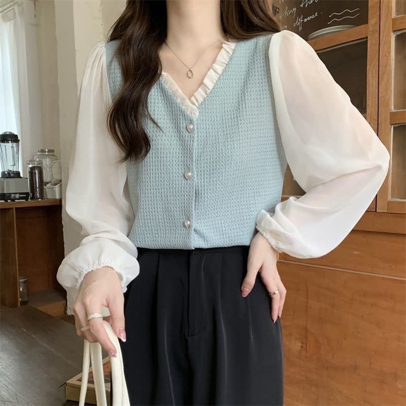 Chic Chiffon Sleeve Shirt High Waist Belted Pleated Skirt