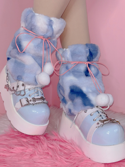 Blue White Yume Kawaii Pompons Detail LegWarmers