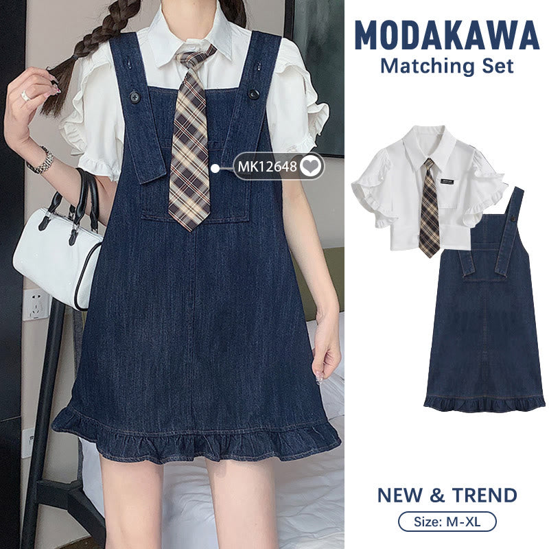 Denim Set Pocket Dress T-Shirt Lapel Overall Tie