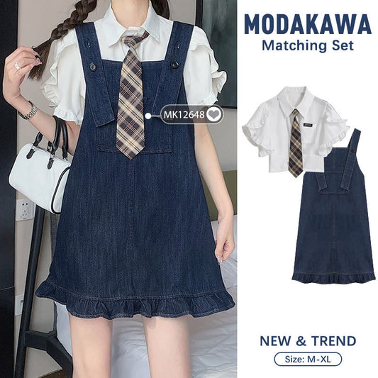 Denim Set Pocket Dress T-Shirt Lapel Overall Tie
