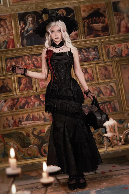 Gothic Lolita Skirt with Multi-Layered Jacquard and Ruffled Witch Design