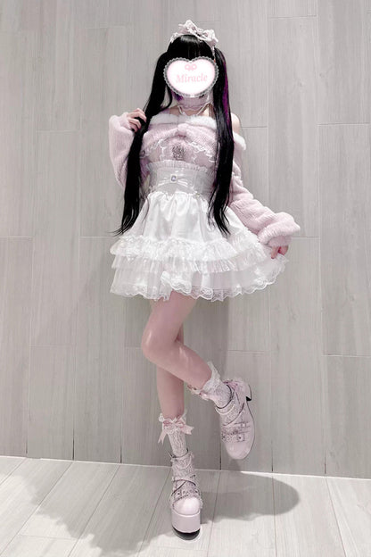 Triple-Layer Printed Ruffled Bow Lace Skirt Three Colors