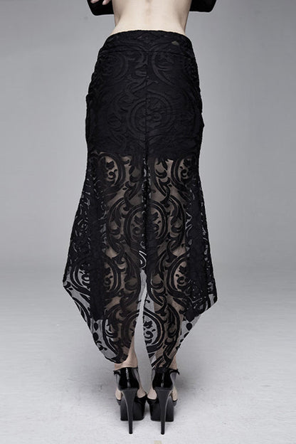 Court Flocking Printed Mesh Fishtail Asymmetric Black Gothic Skirt