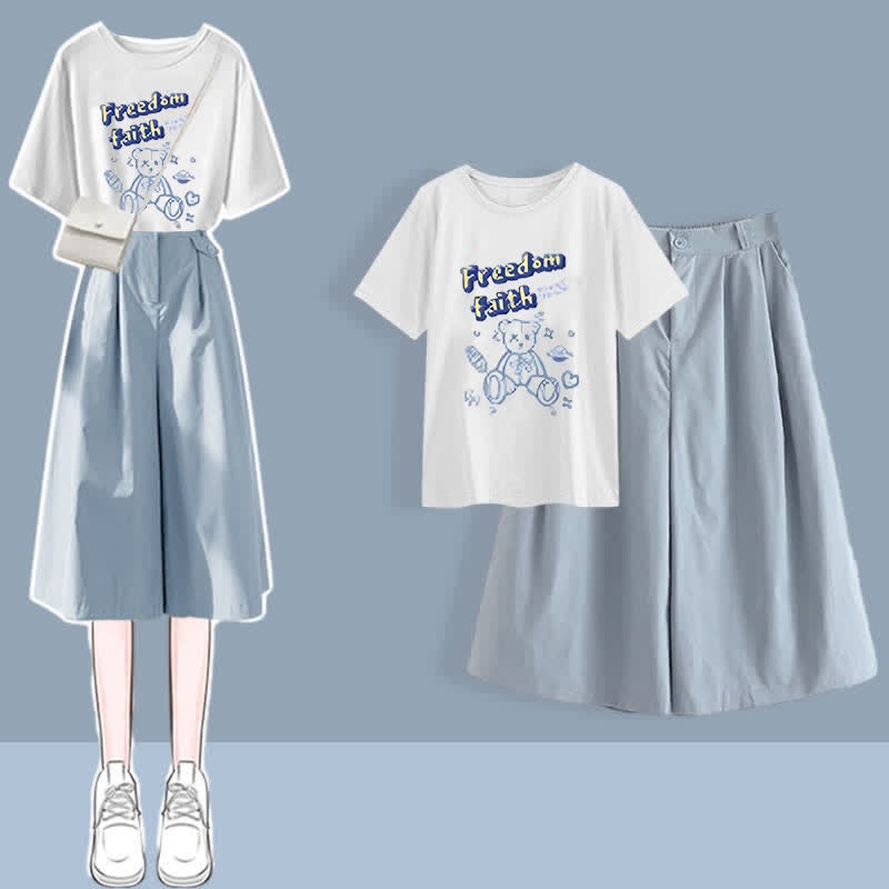 Pieces Casual Printed T-Shirt Set Collar Leg Pants Wide Chic Two Round