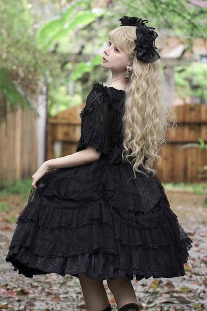 Gothic Princess Lolita JSK Dress with Ruffled Layers and Bow Accents