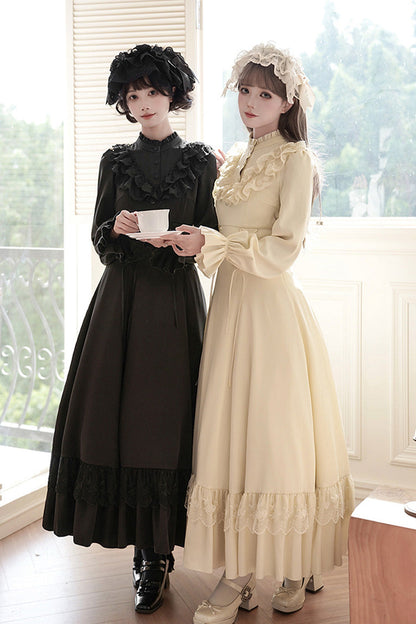 Stand Collar Gothic Dress with Long Sleeves and Lace-Up Ruffled Bow - Letters & Poems · Day and Night
