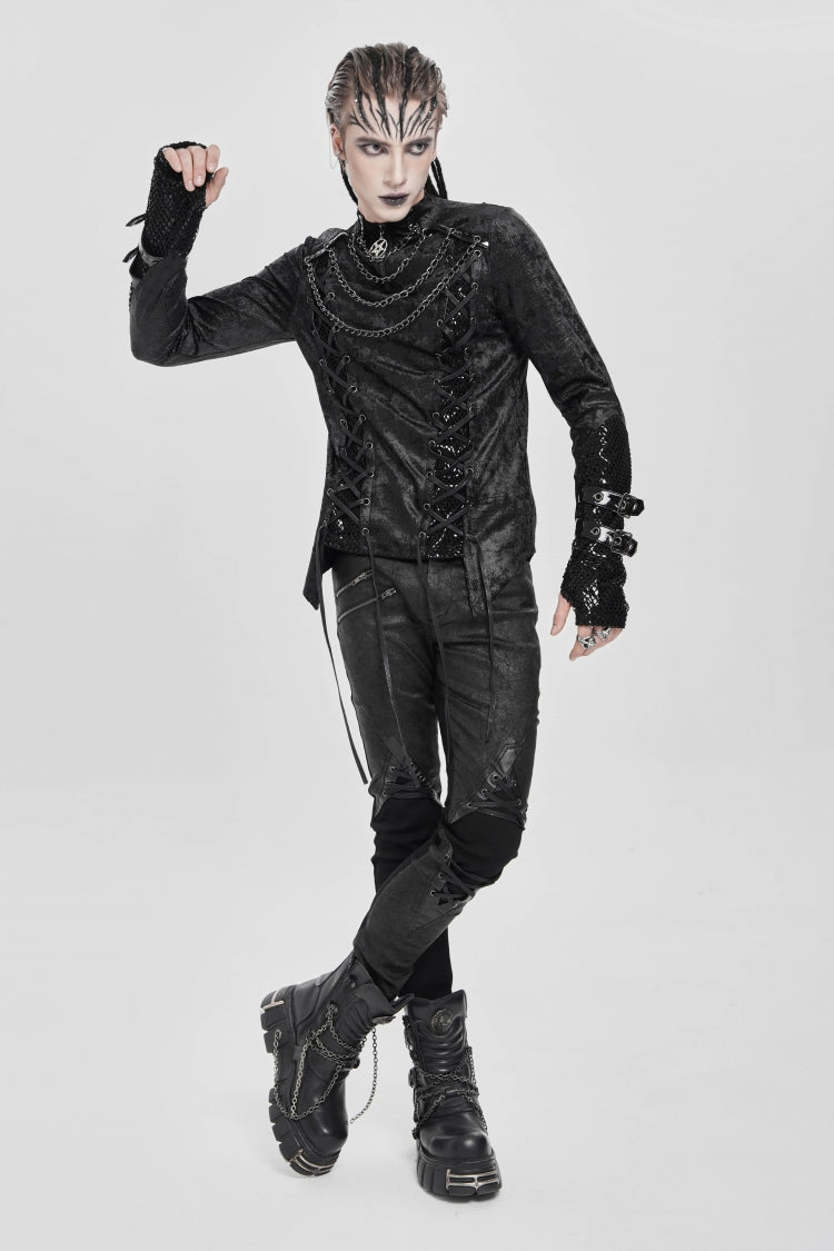 Men's Punk Blouse with Lace-Up Front and Chain Accents