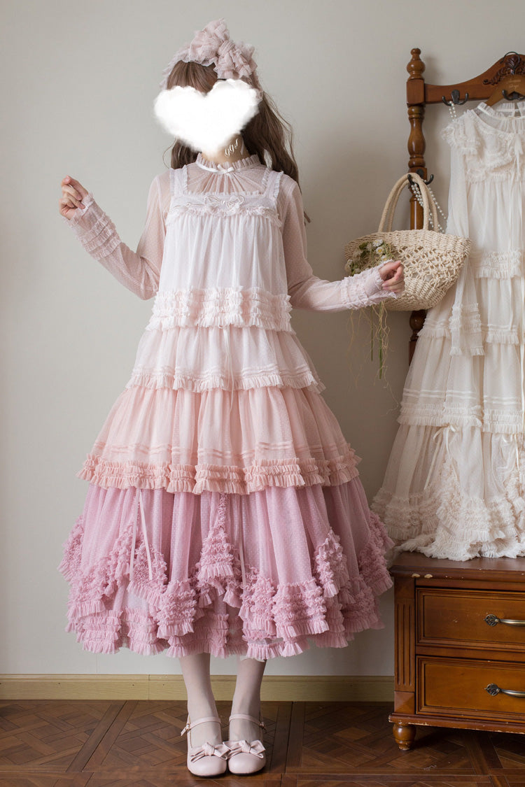 Sweet Stand Collar Long Sleeve Multi Layer Ruffle Color Block Lolita Tiered Dress 14 Colors