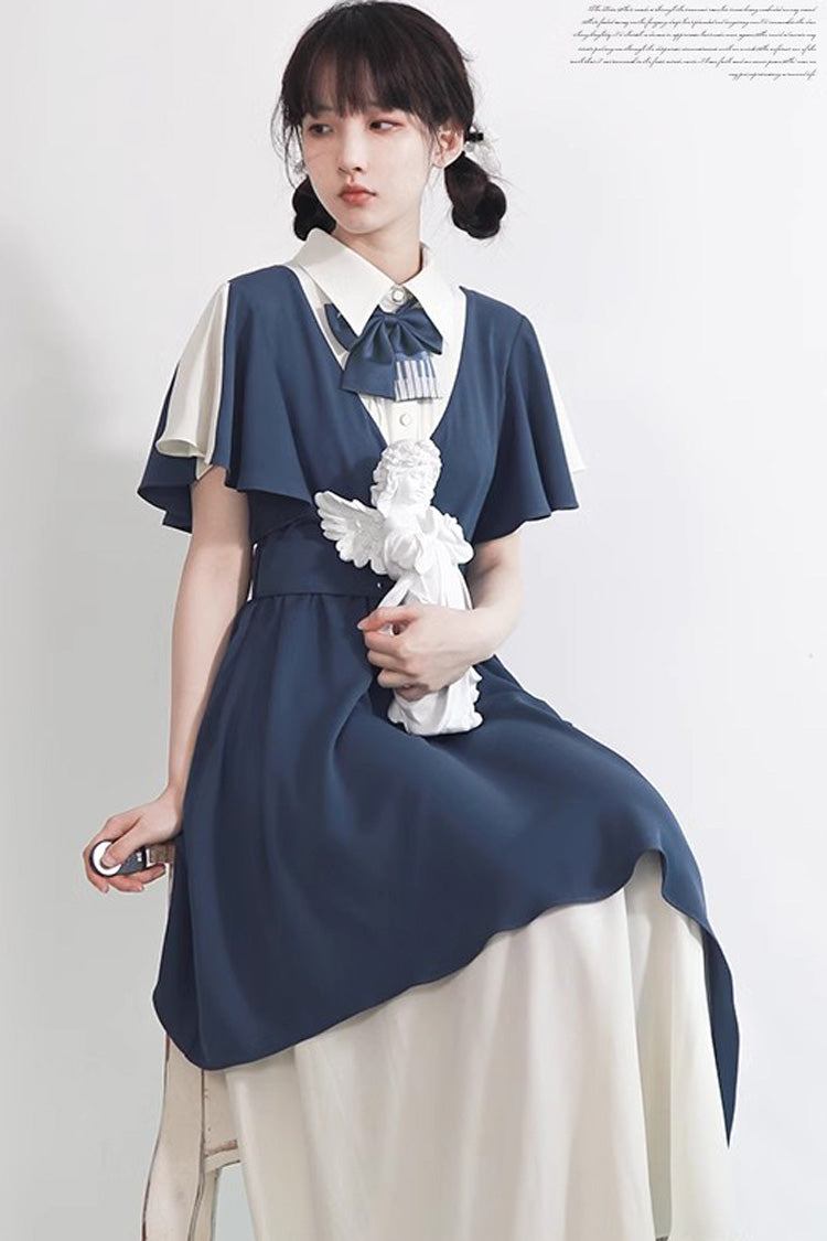 Blue and White Collegiate Chiffon Kawaii Sweet Dress