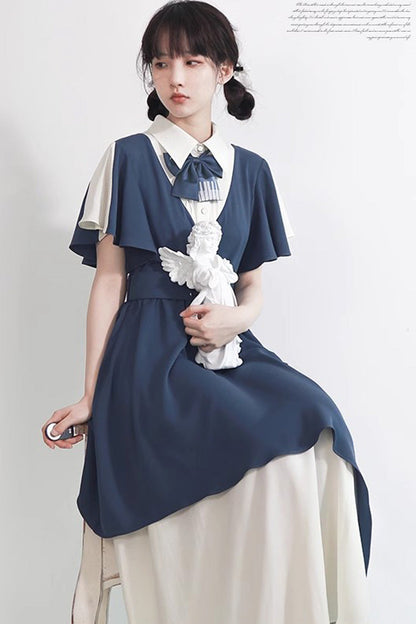 Blue and White Collegiate Chiffon Kawaii Sweet Dress