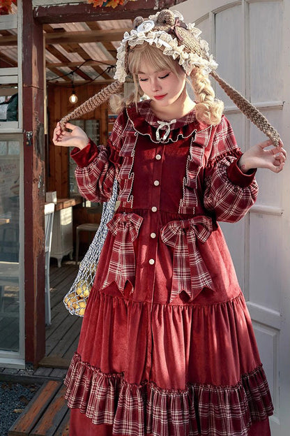 Velvet Plaid Print Bowknot Christmas Sweet Lolita Dress in Red
