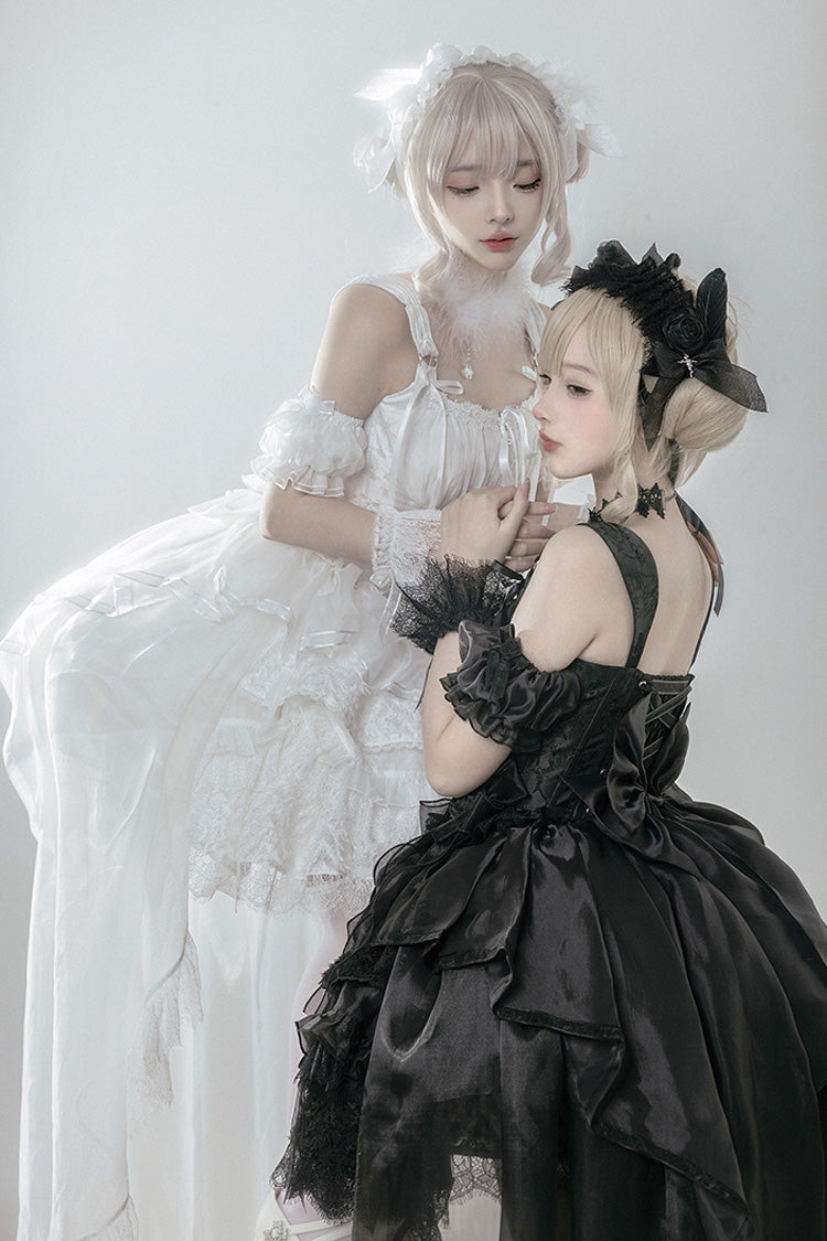 White Rose Memoirs Sleeveless Multi-Layer Bow Lace Sweet Lolita Skirt Set