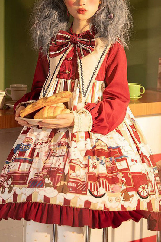 Red Sweet Lolita OP Dress with Bowknot and Lantern Sleeves